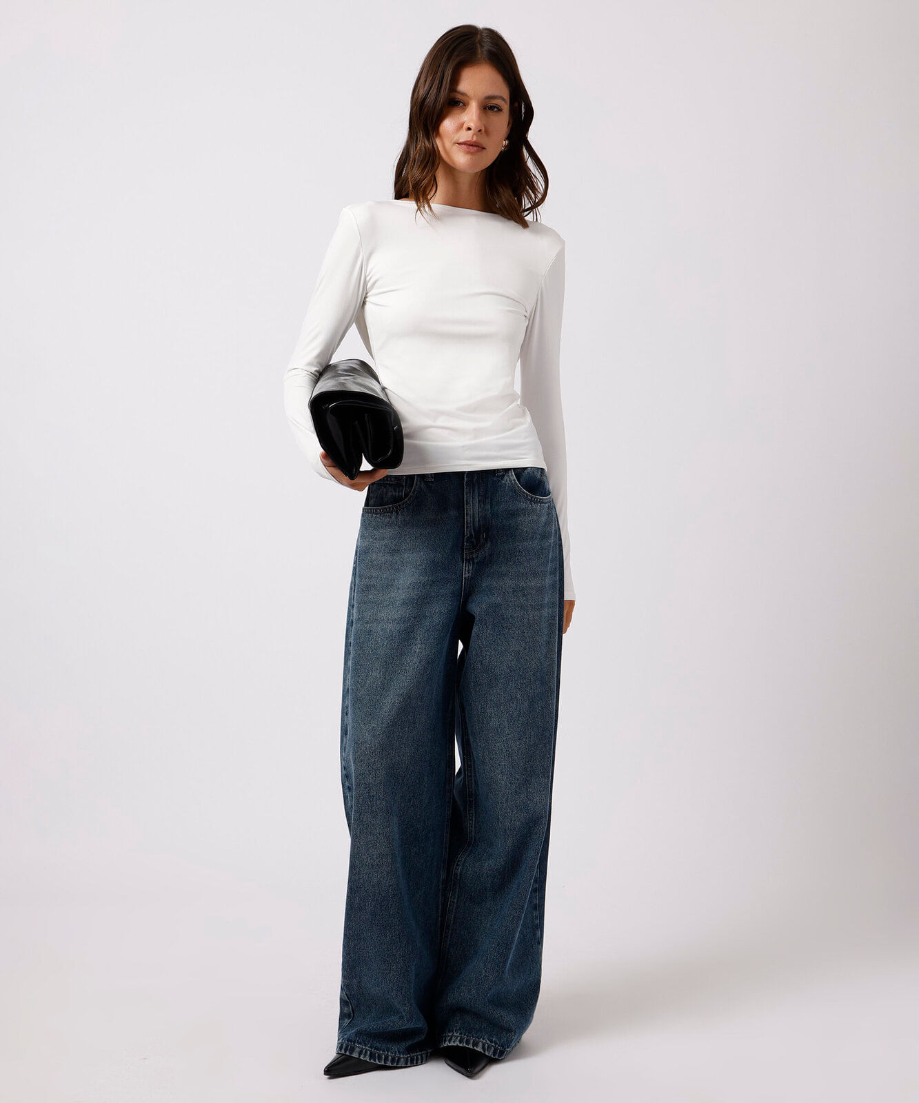 calça wide leg feminina jeans cintura alta mindset azul