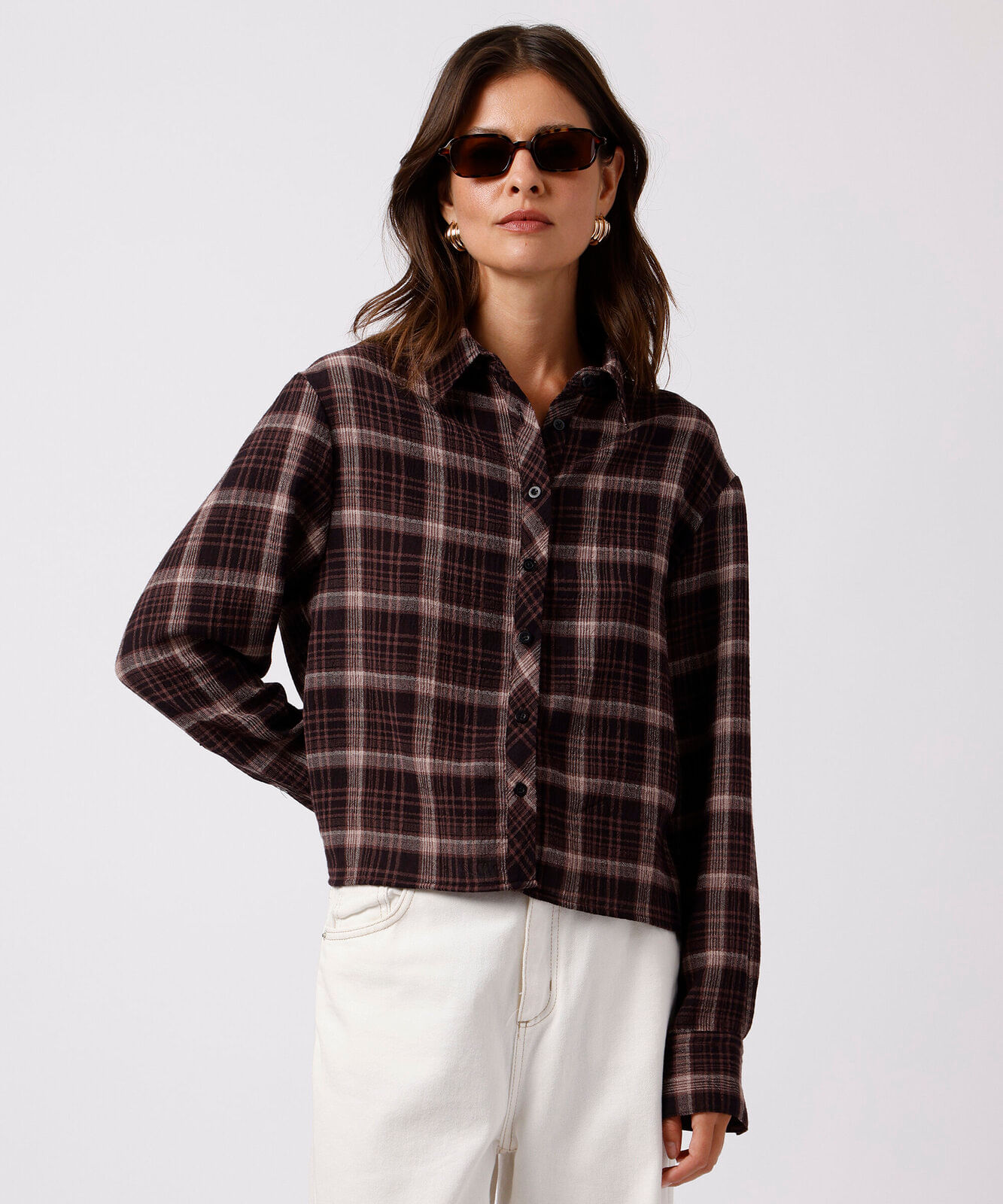 camisa oversized feminina manga longa xadrez mindset vinho