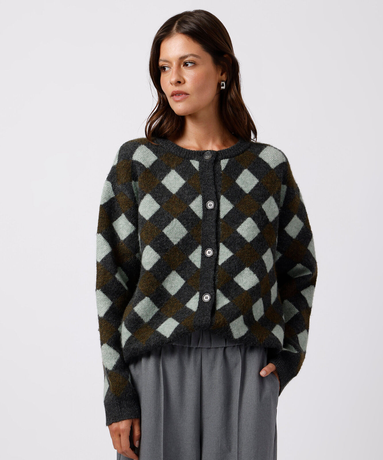 cardigan feminino de tricot geométrico mindset colorido