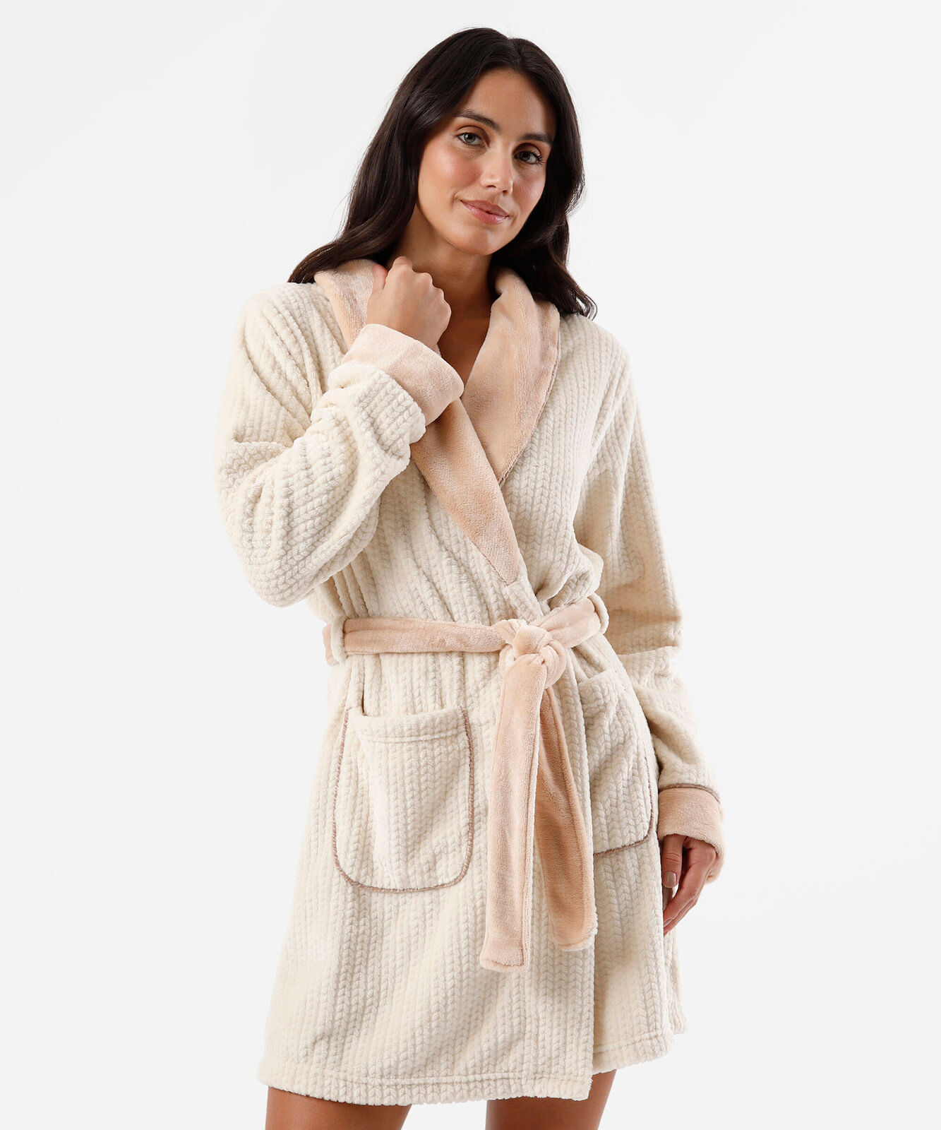 roupão feminino de fleece texturizado bege