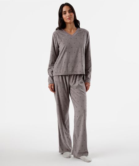 pijama longo feminino manga longa estampado cinza PP
