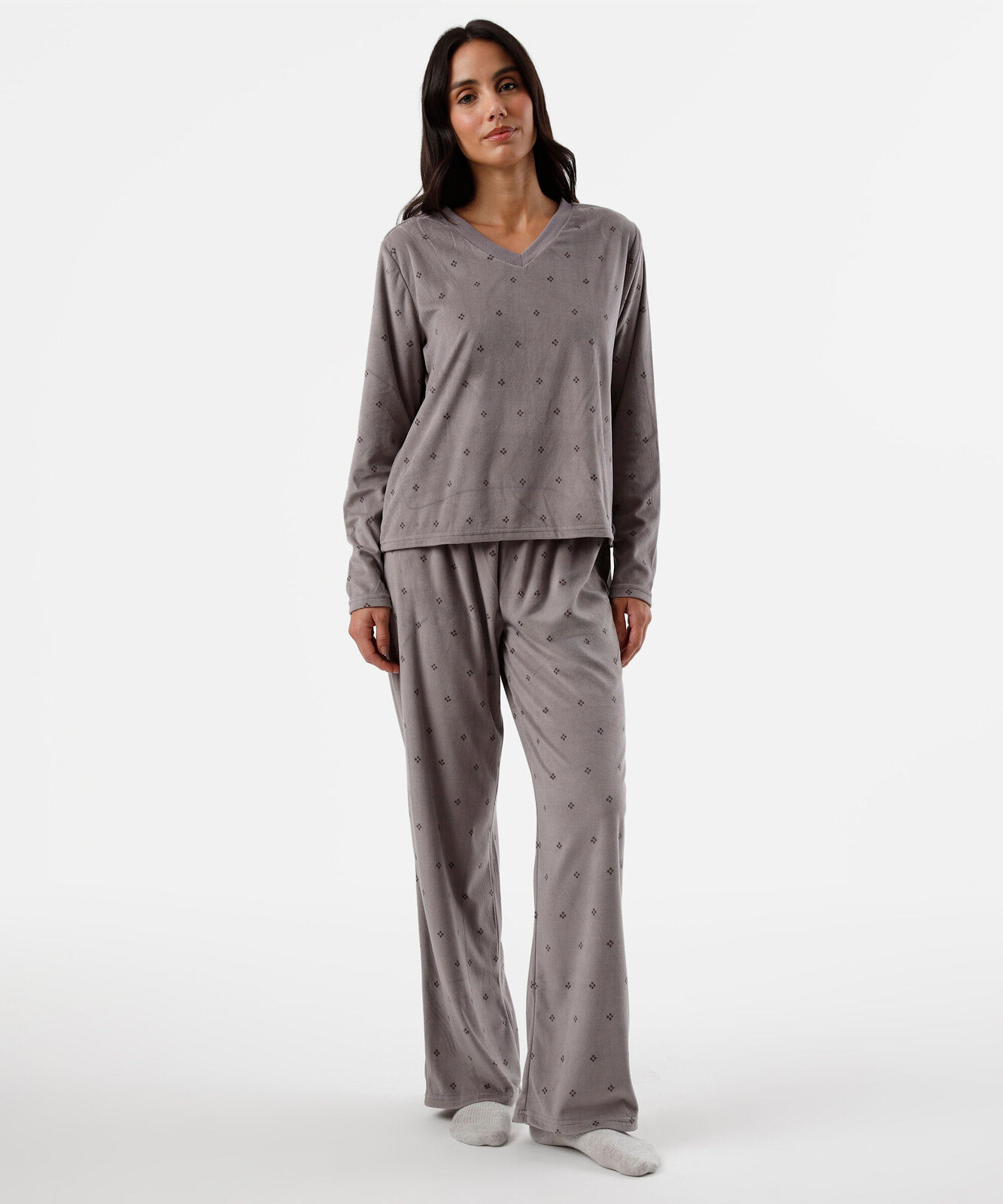 pijama longo feminino manga longa estampado cinza