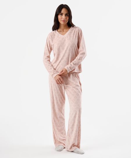 pijama longo feminino manga longa estampado rosa M