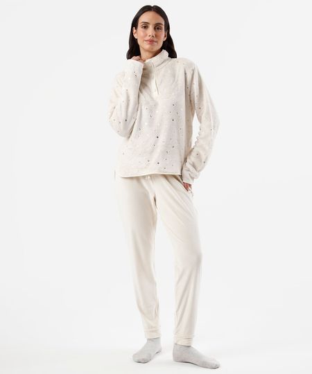 pijama longo feminino com fleece texturizado bege PP