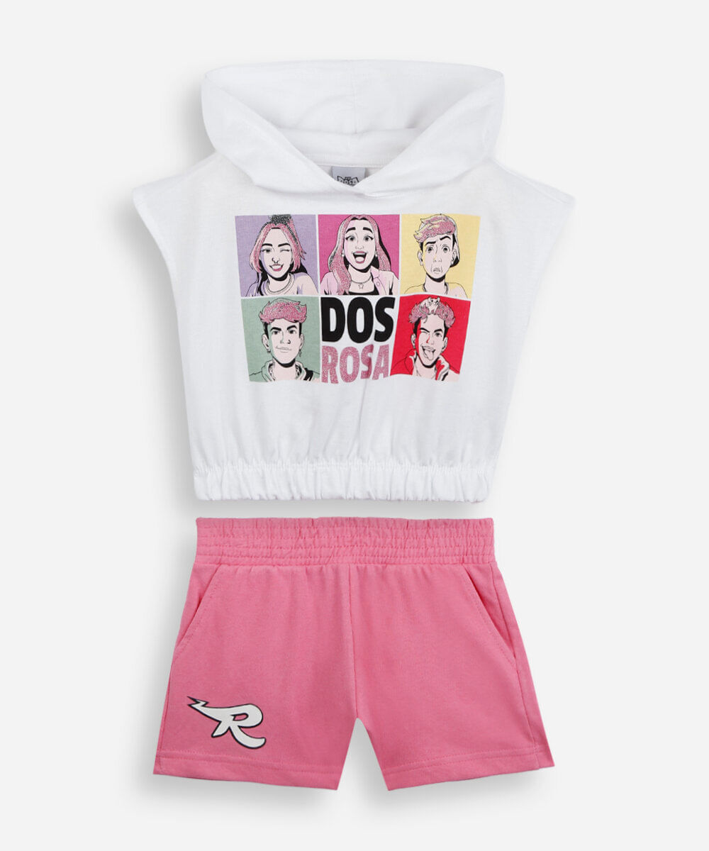 conjunto infantil curto dos rosas com capuz off white