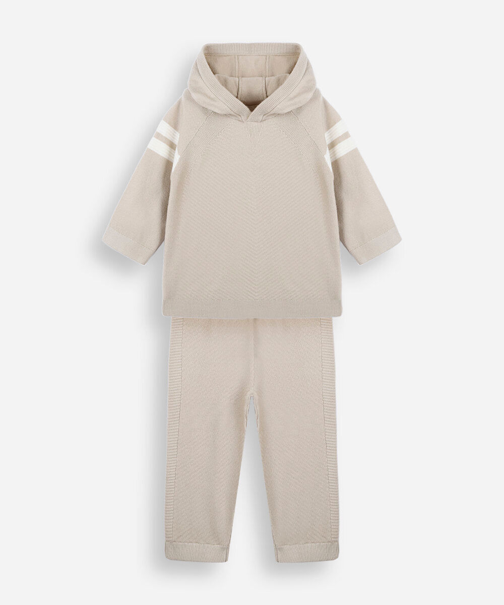 conjunto infantil de tricot com listras bege