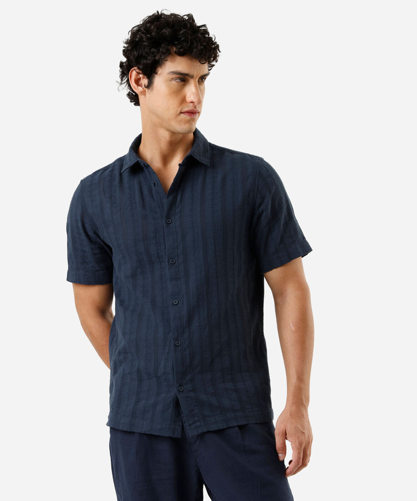camisa masculina algodão manga curta - azul marinho