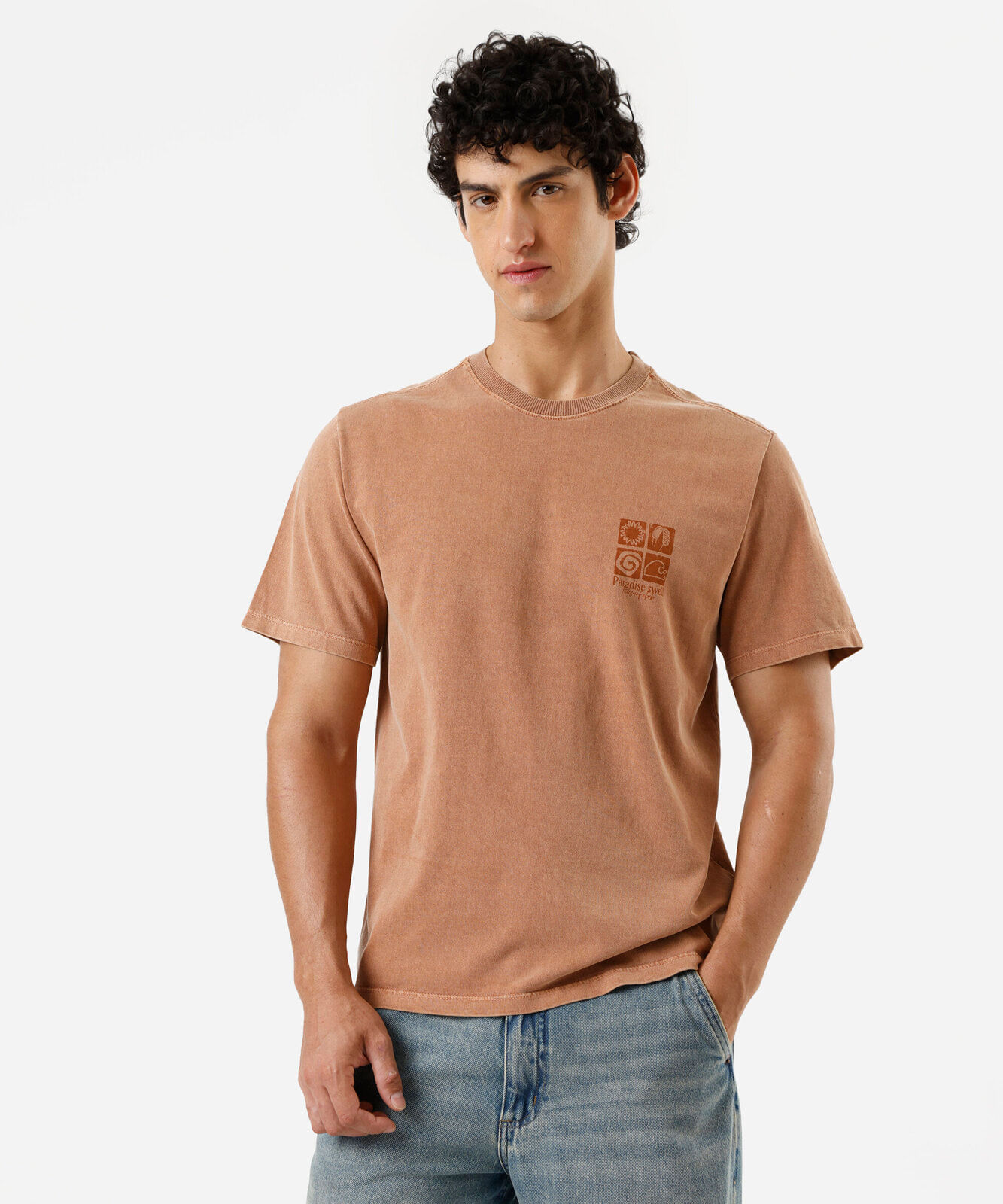 camiseta masculina de algodão estampada estonada marrom