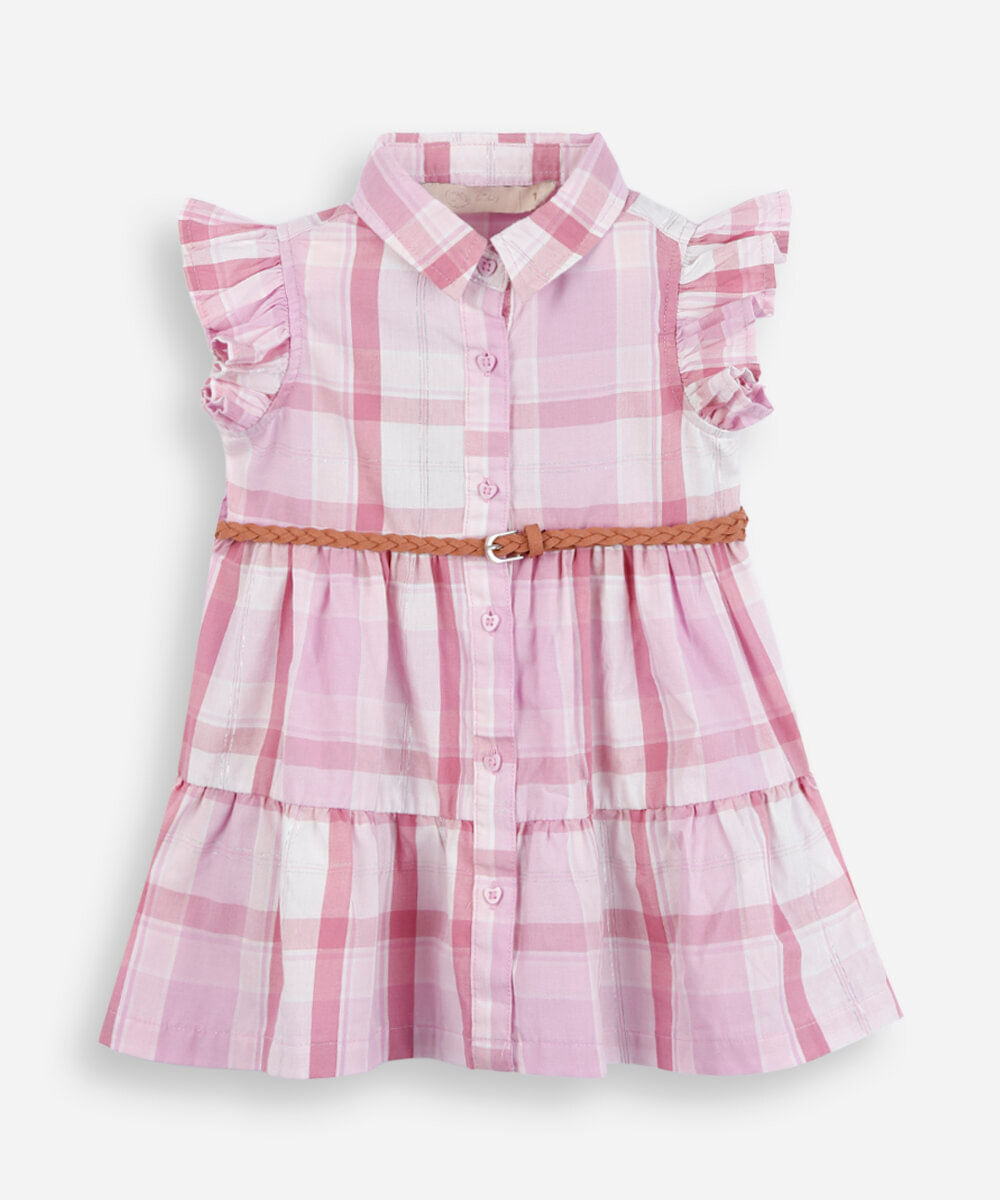 vestido infantil com babados e cinto xadrez rosa