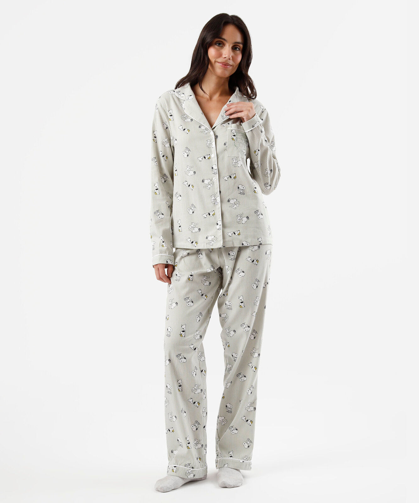 pijama longo americano feminino de algodão snoopy listrado verde