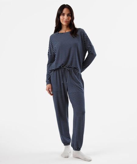 pijama longo feminino com viscose listrado azul GG