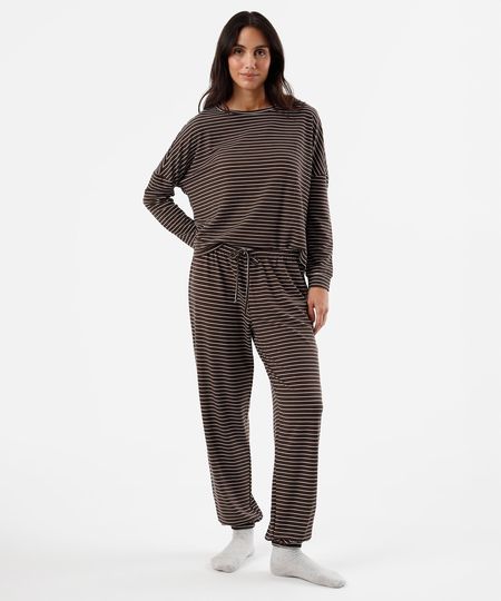 pijama longo feminino com viscose listrado marrom M