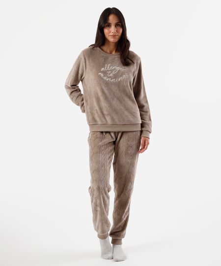 pijama longo feminino em fleece com bordado texturizado bege GG