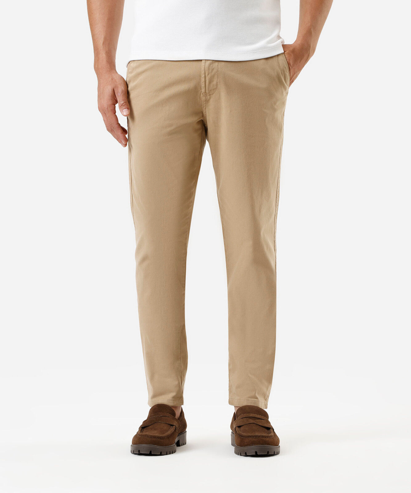 calça slim chino masculina de sarja bege
