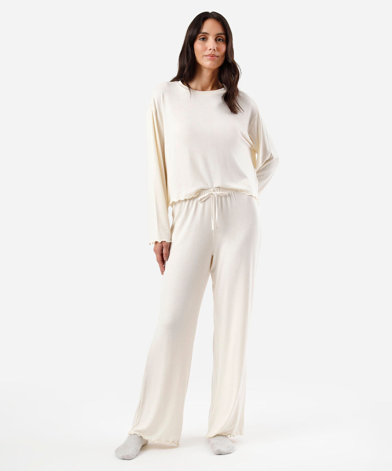 pijama longo feminino com frufru off white