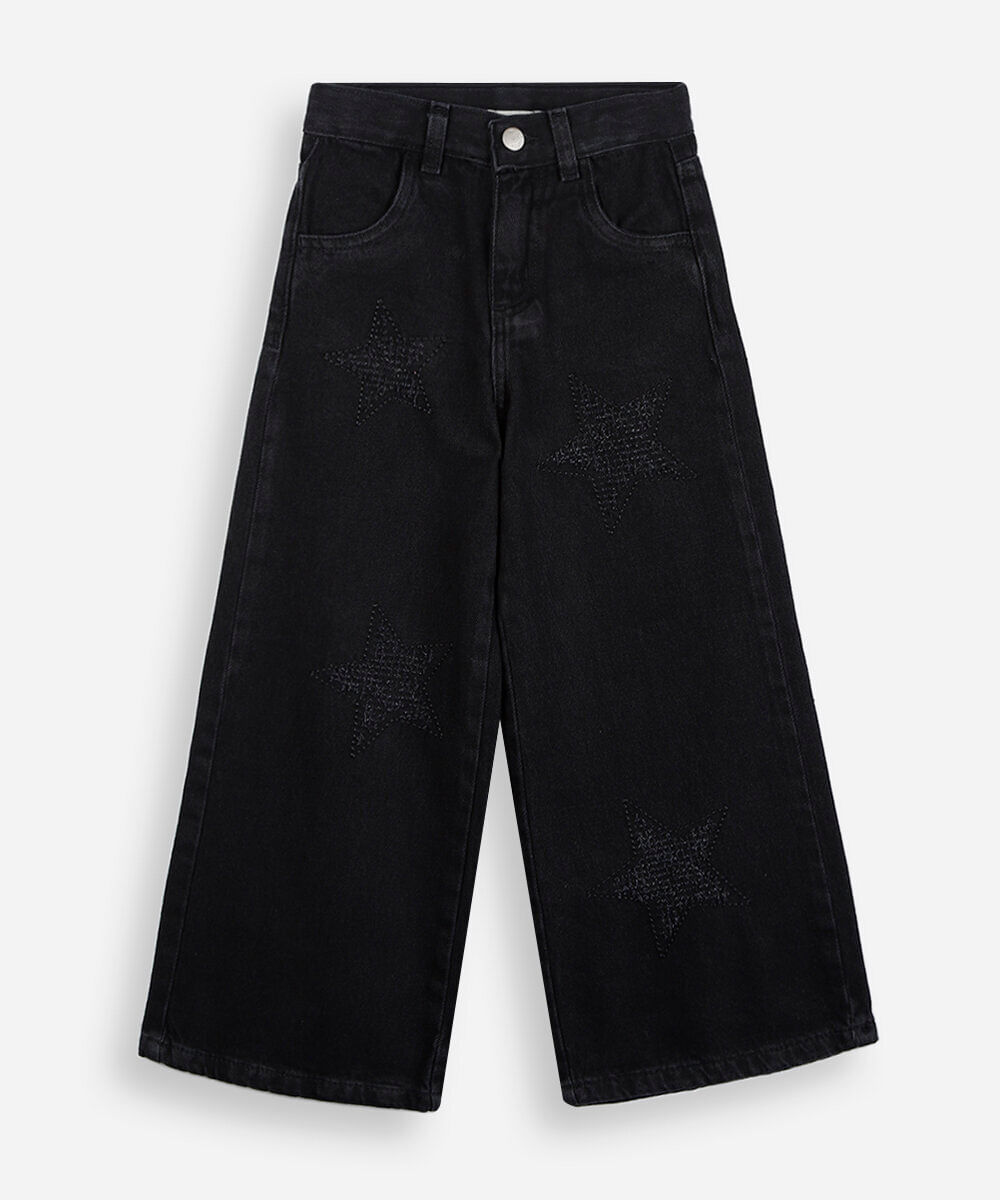 calça infantil wide jeans estrela puído preta