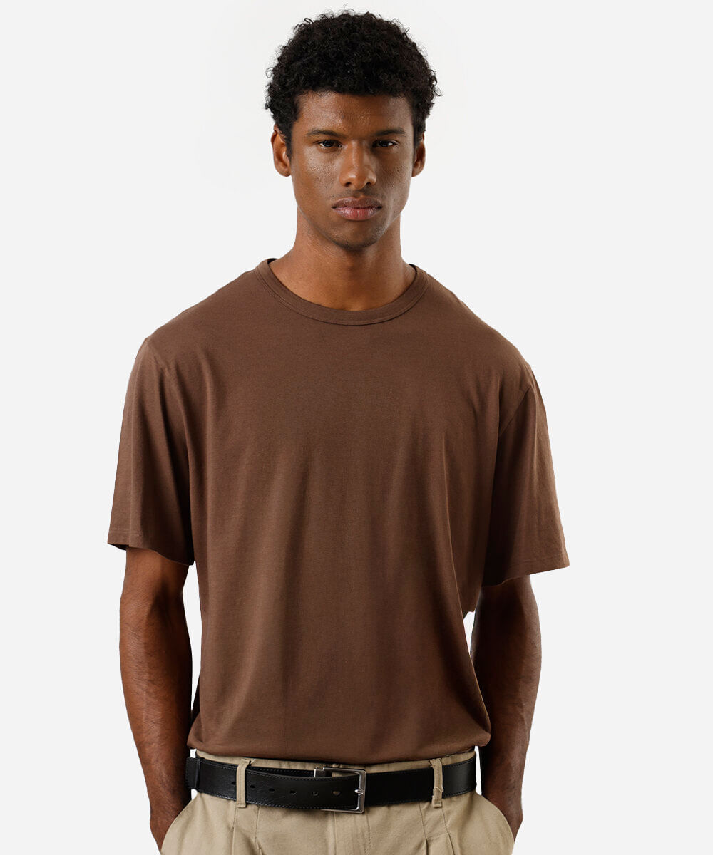 camiseta masculina de algodão peruano manga curta marrom