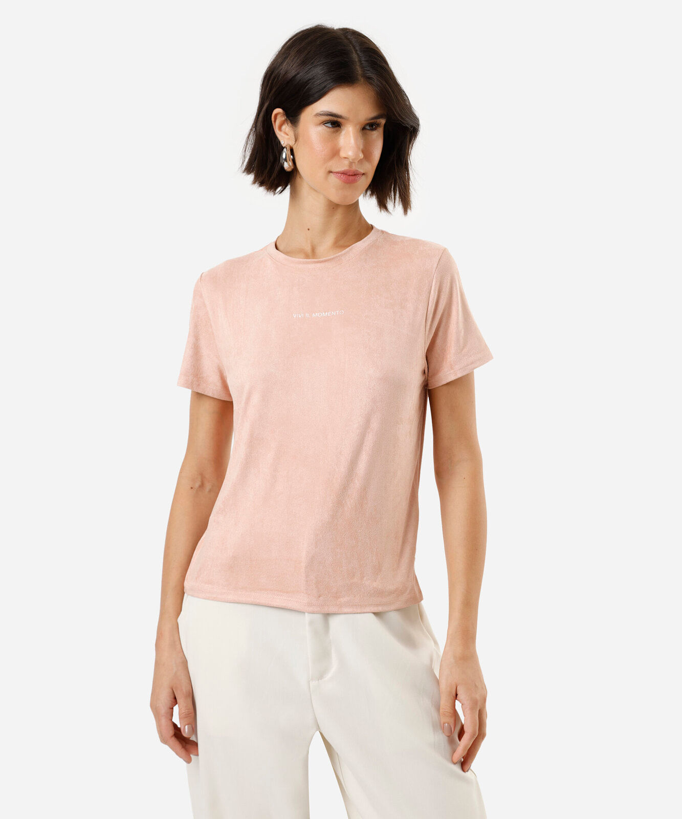 camiseta feminina de suede estampada manga curta rosa