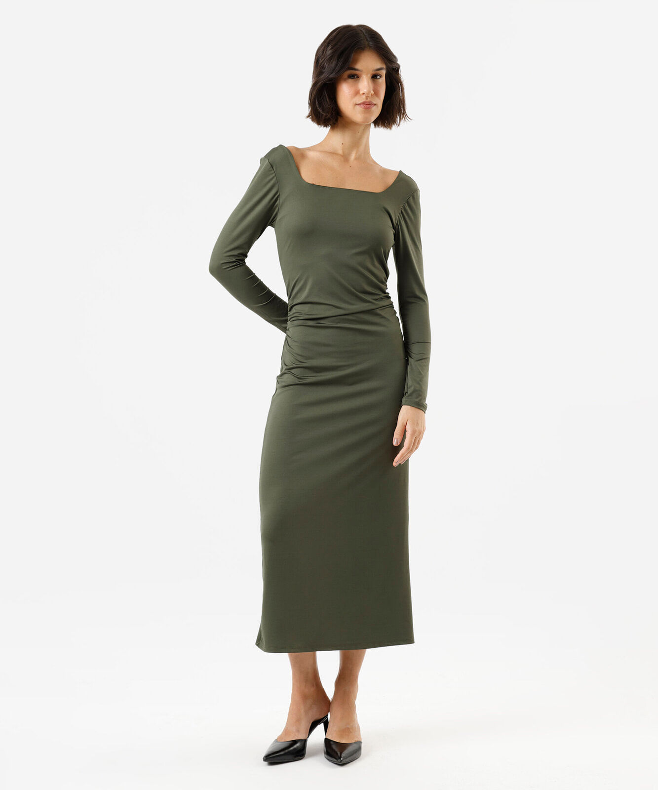 vestido midi feminino decote quadrado manga longa franzido verde