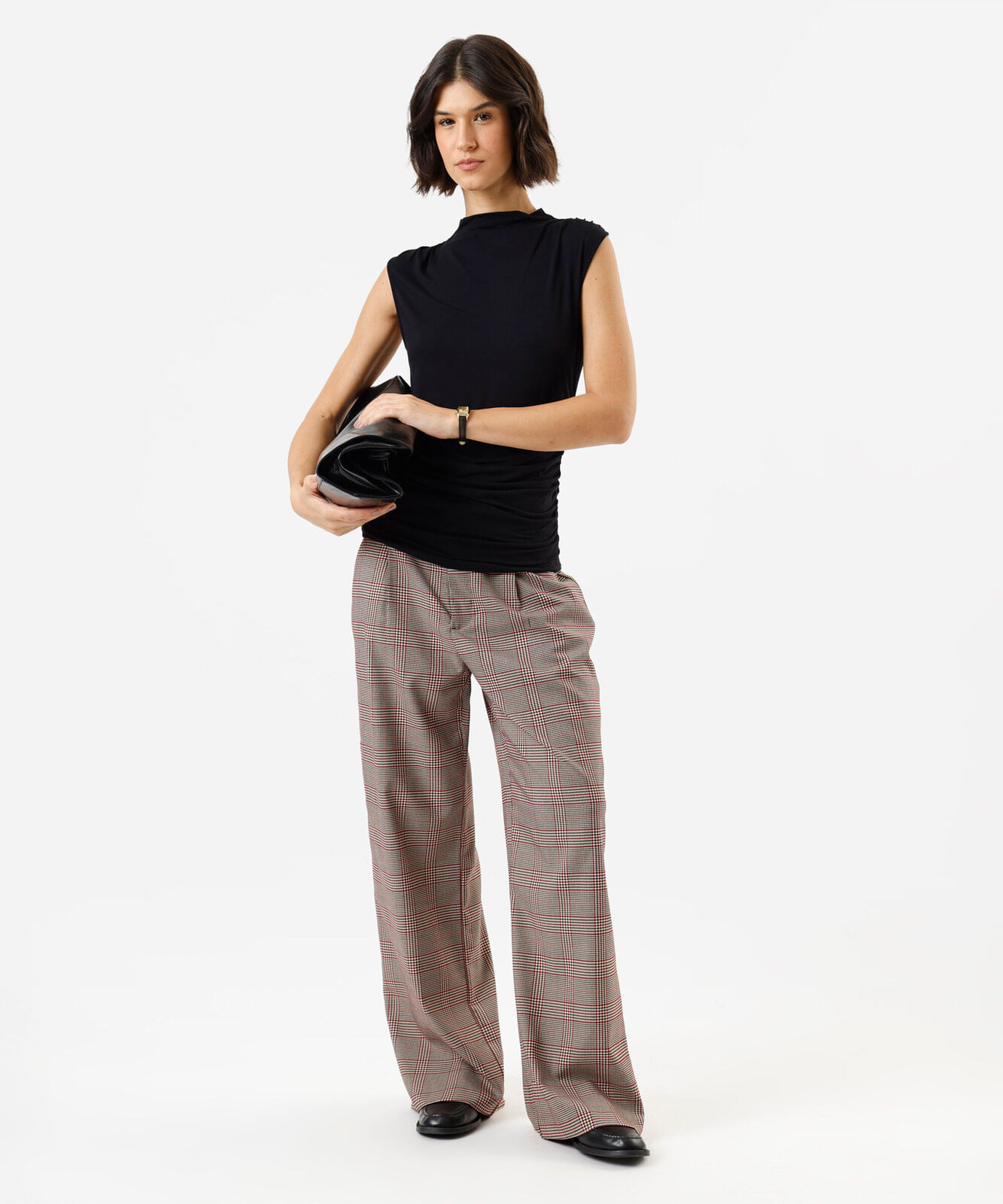 calça de alfaiataria feminina xadrez vinho