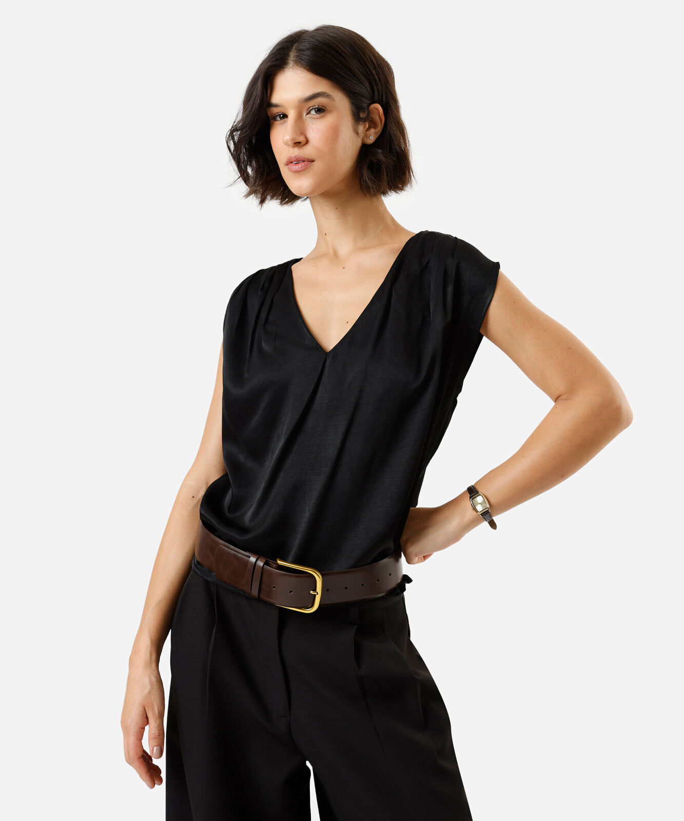blusa feminina com viscose decote v com pregas acetinada preta