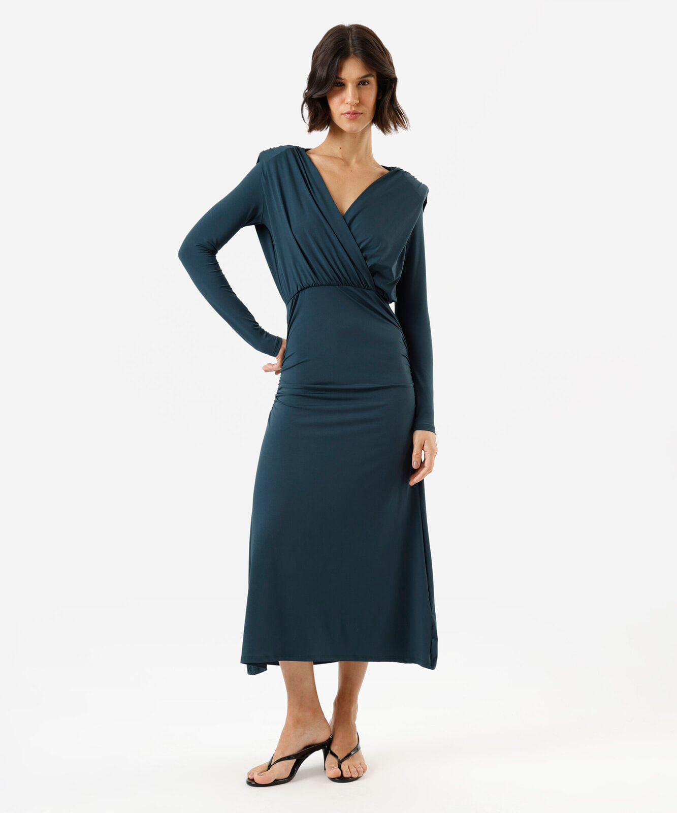 vestido midi feminina decote v manga longa verde