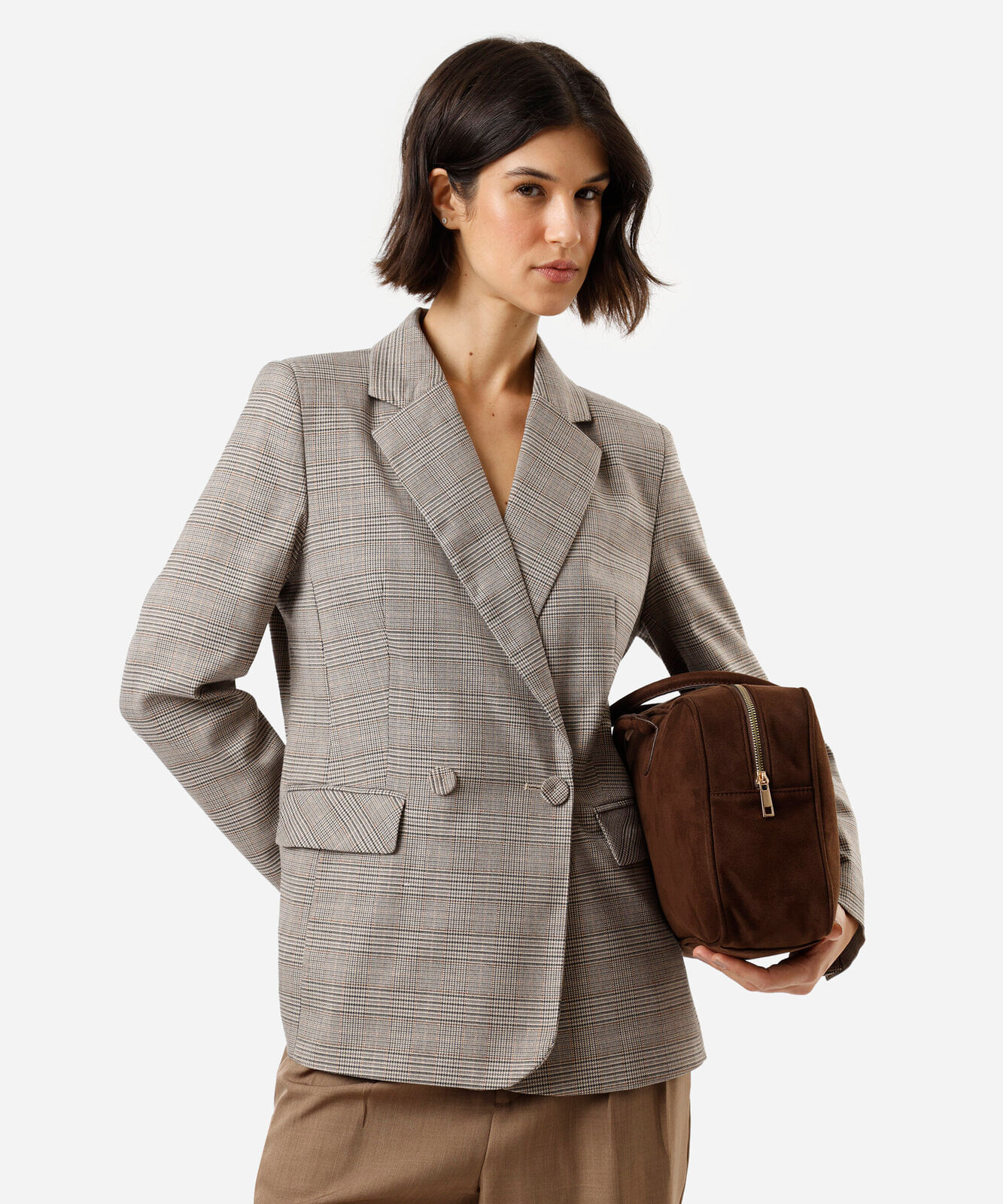 blazer de alfaiataria feminino xadrez bege