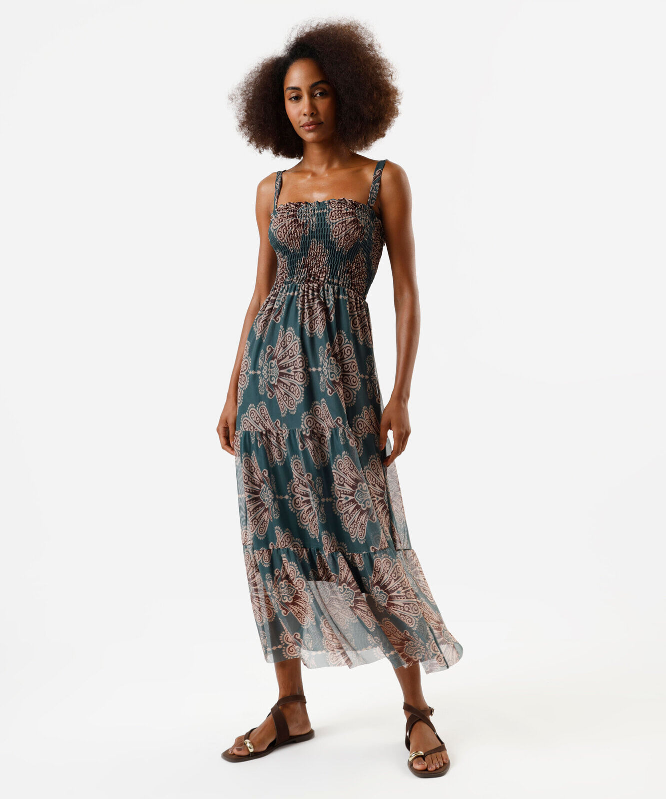 vestido midi feminino de tule com recortes étnico verde