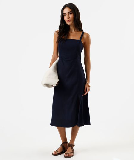 vestido midi feminino com linho e fenda azul PP