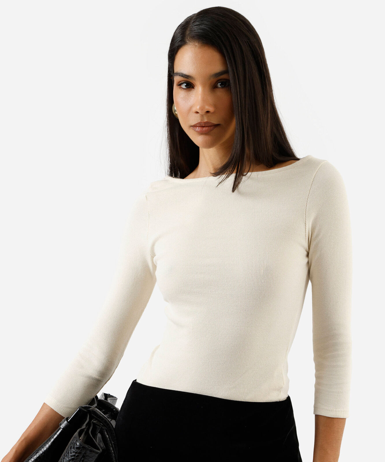 blusa feminina de algodão decote canoa canelada bege