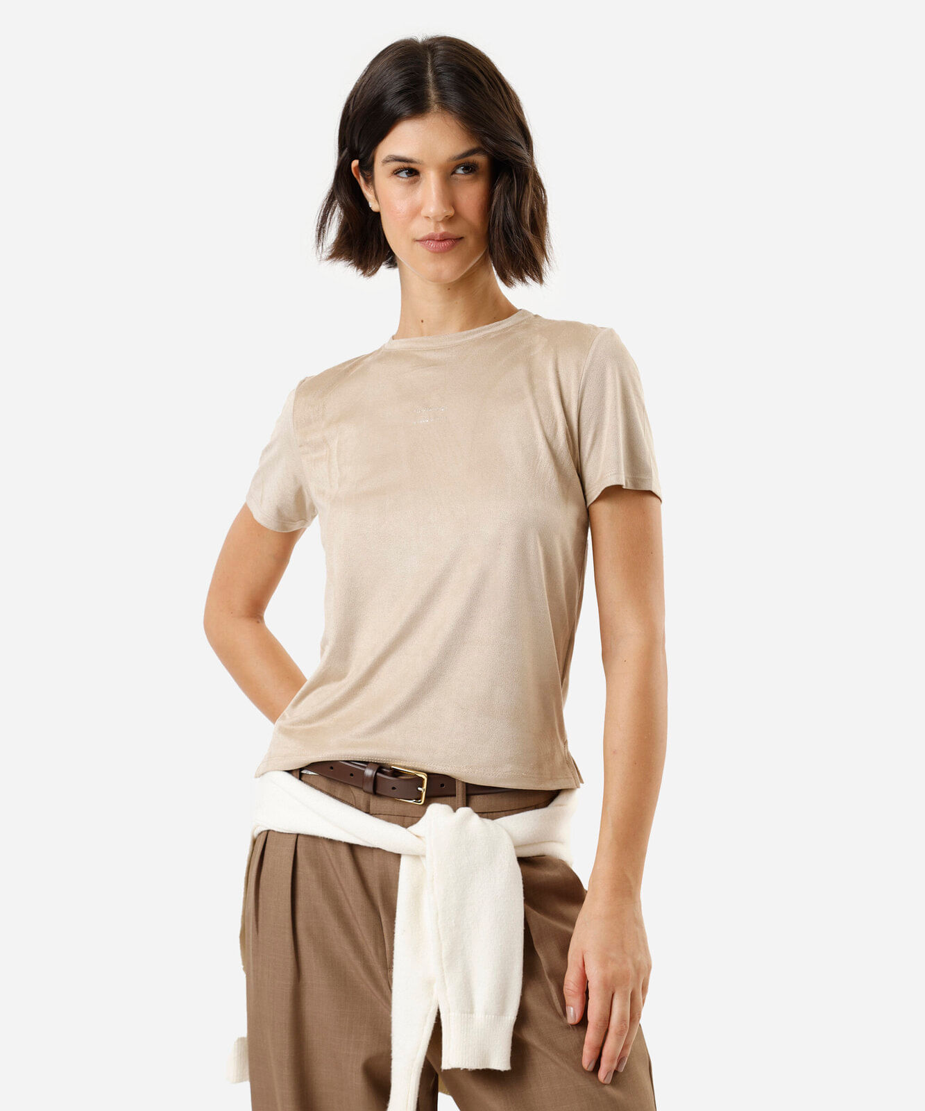 camiseta feminina de suede manga curta estampada bege