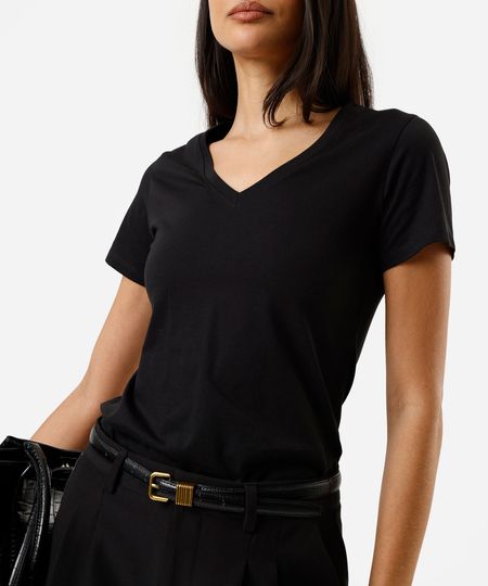 camiseta feminina de algodão peruano decote v preta P