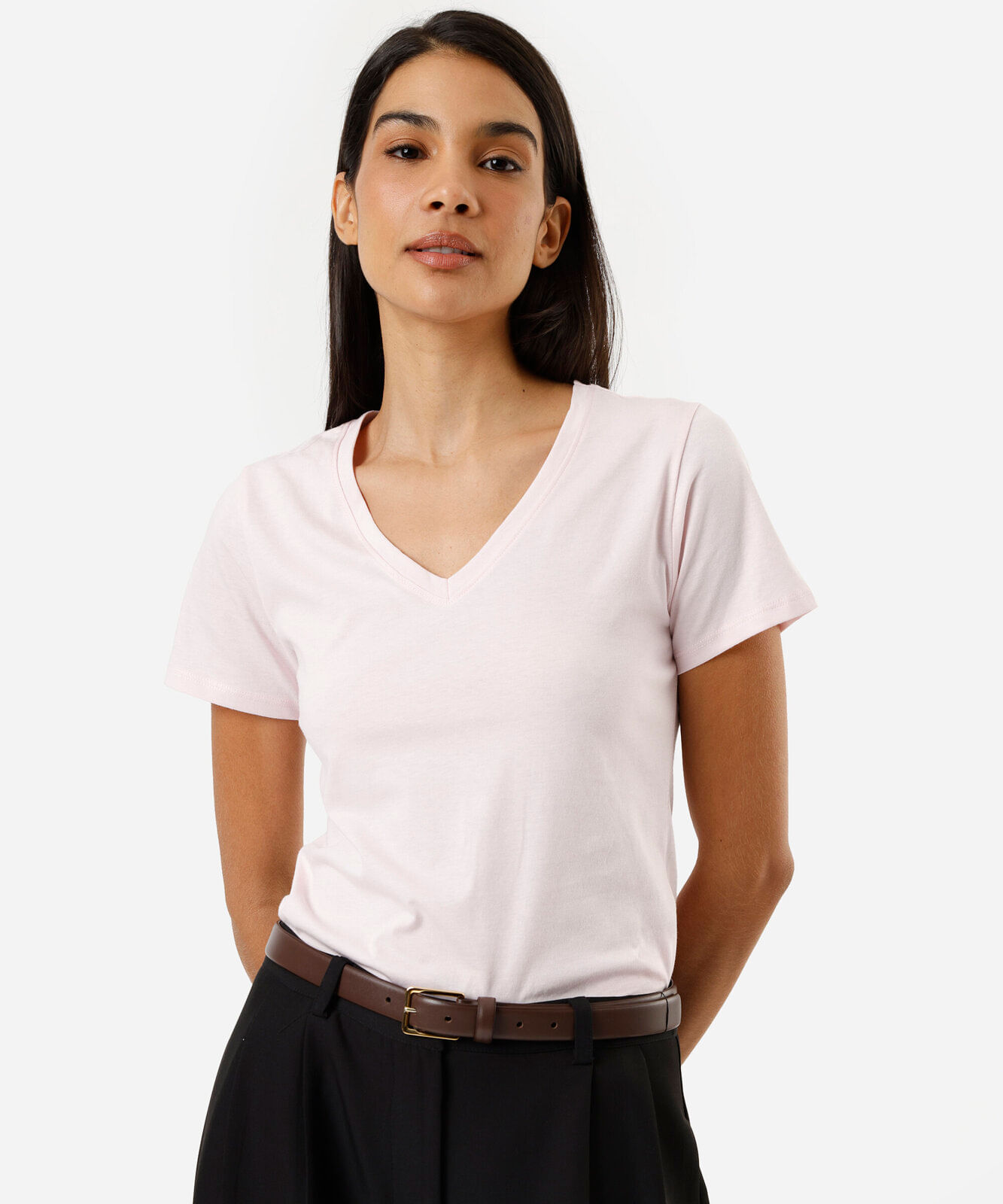 camiseta feminina de algodão peruano decote v rosa