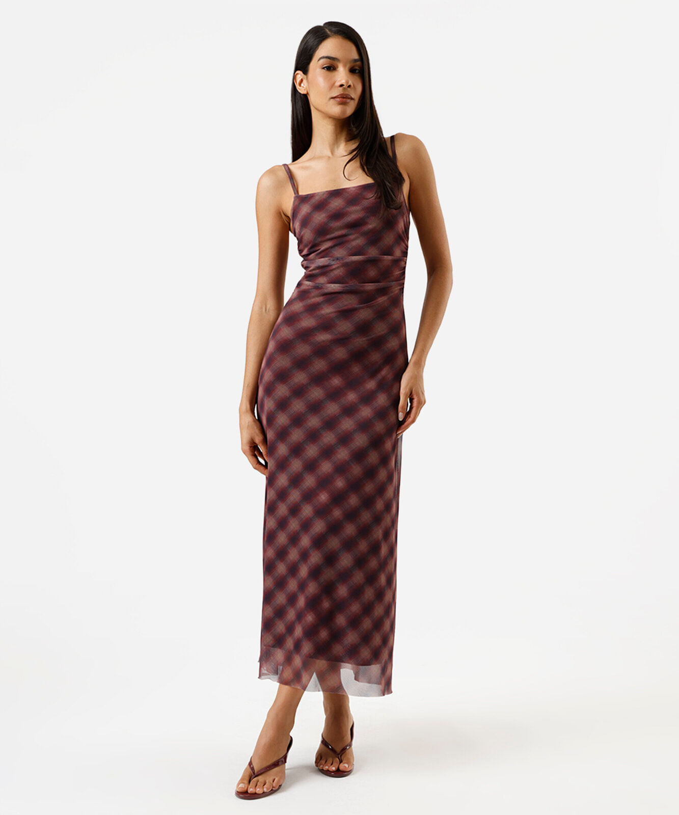 vestido longo feminino de tule franzido xadrez vinho