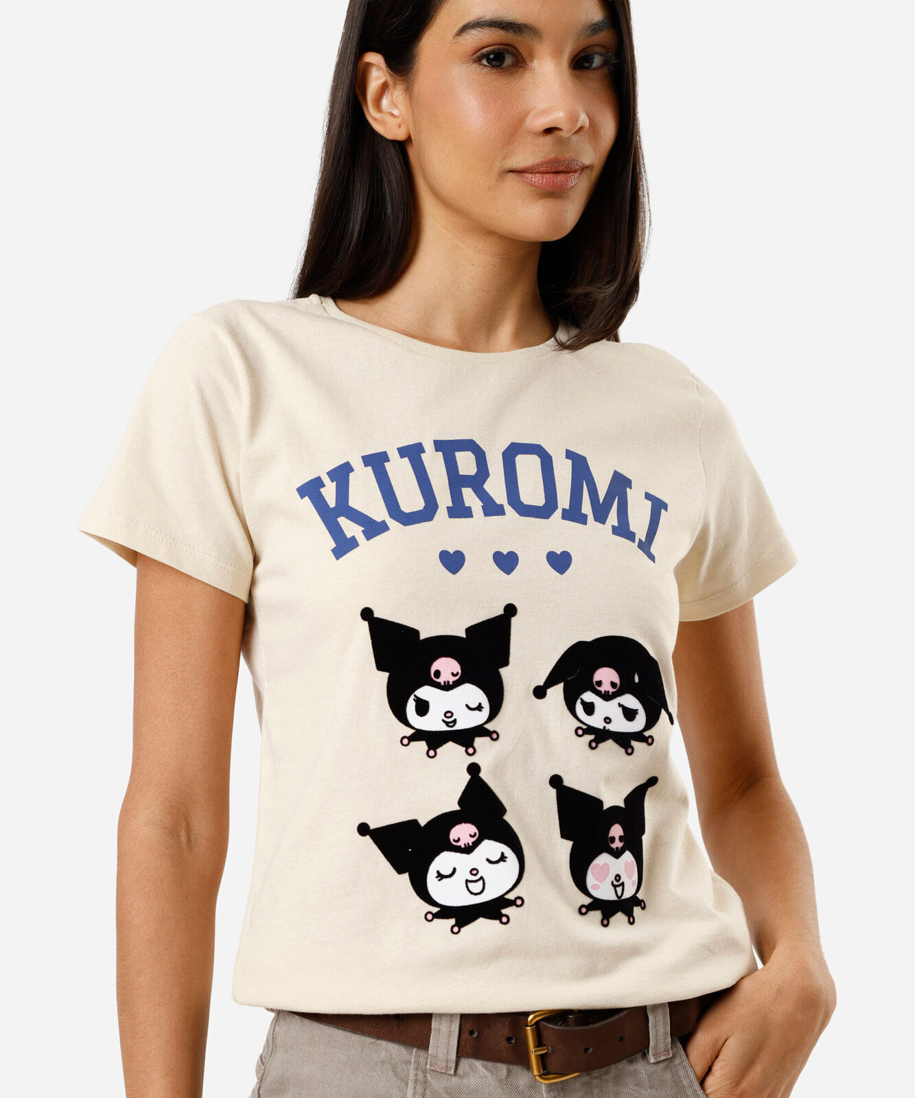 camiseta feminina de algodão manga curta kuromi bege