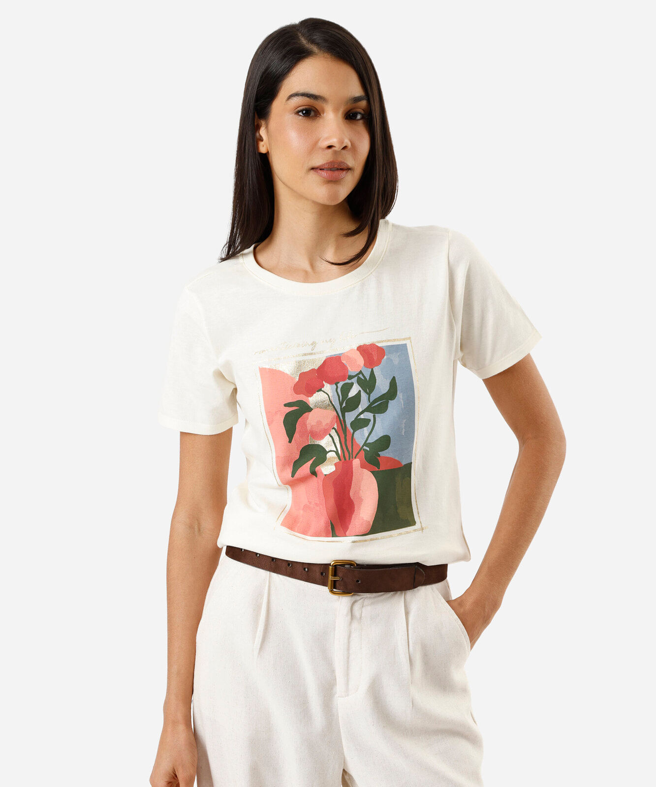 camiseta feminina de algodão manga curta floral bege
