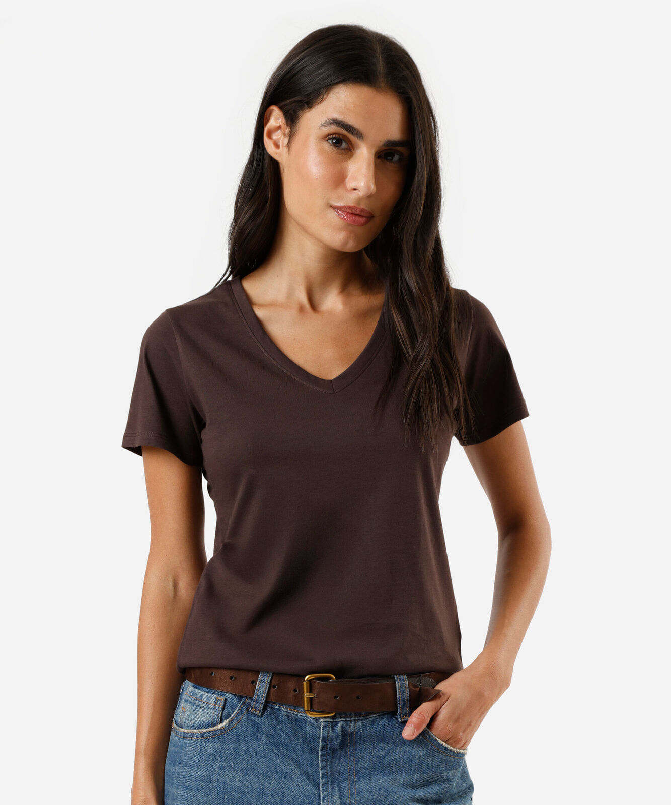 camiseta feminina de algodão peruano decote v marrom