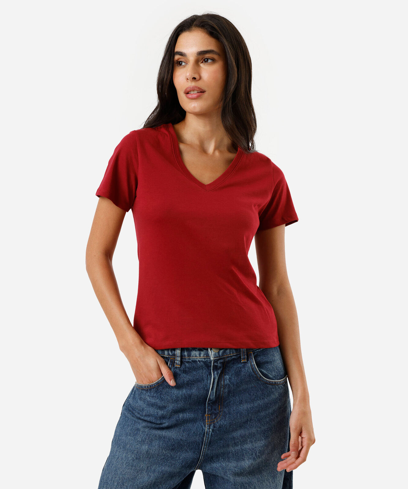 camiseta feminina de algodão peruano decote v vermelha