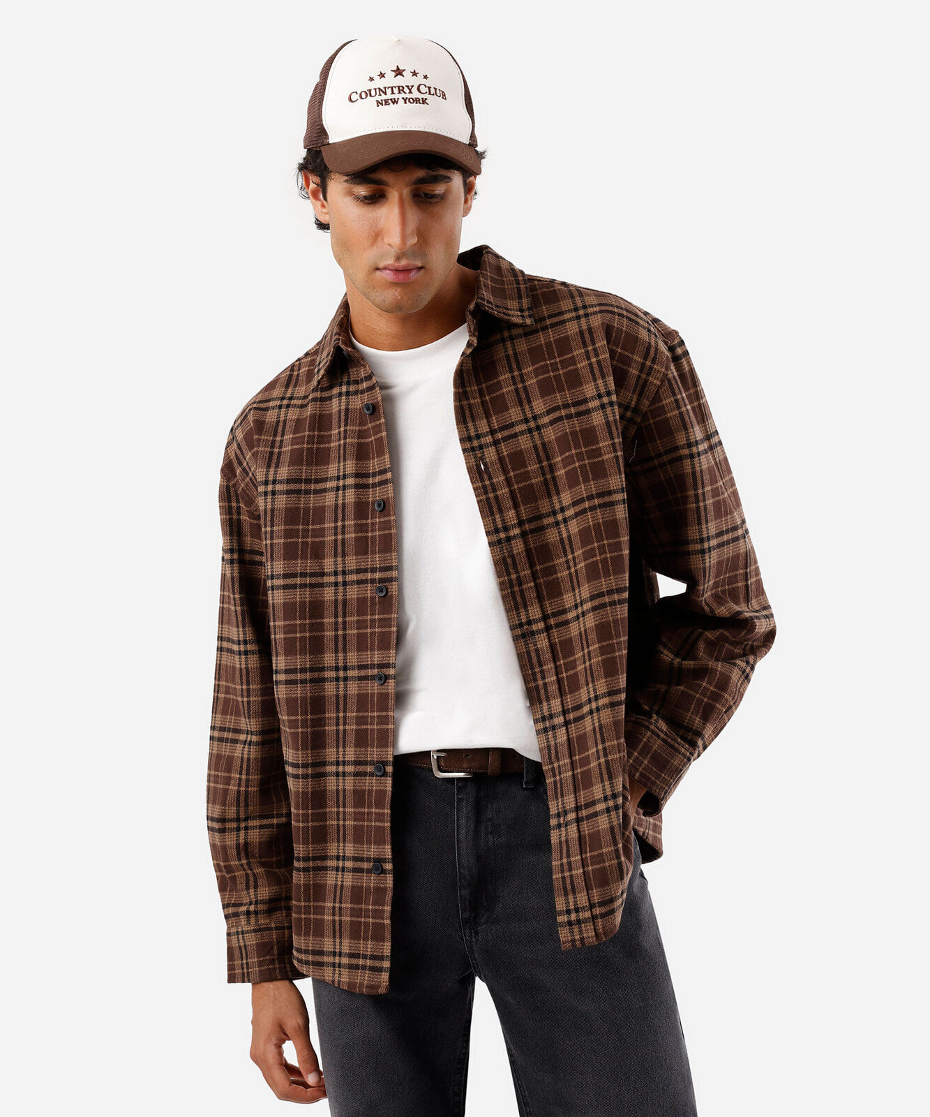 camisa masculina de algodão xadrez marrom