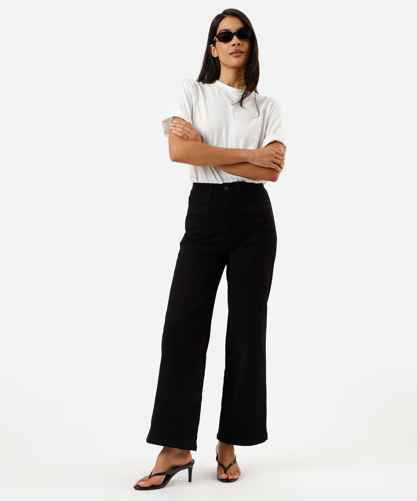 calça wide leg feminina de sarja cintura alta sawary preta