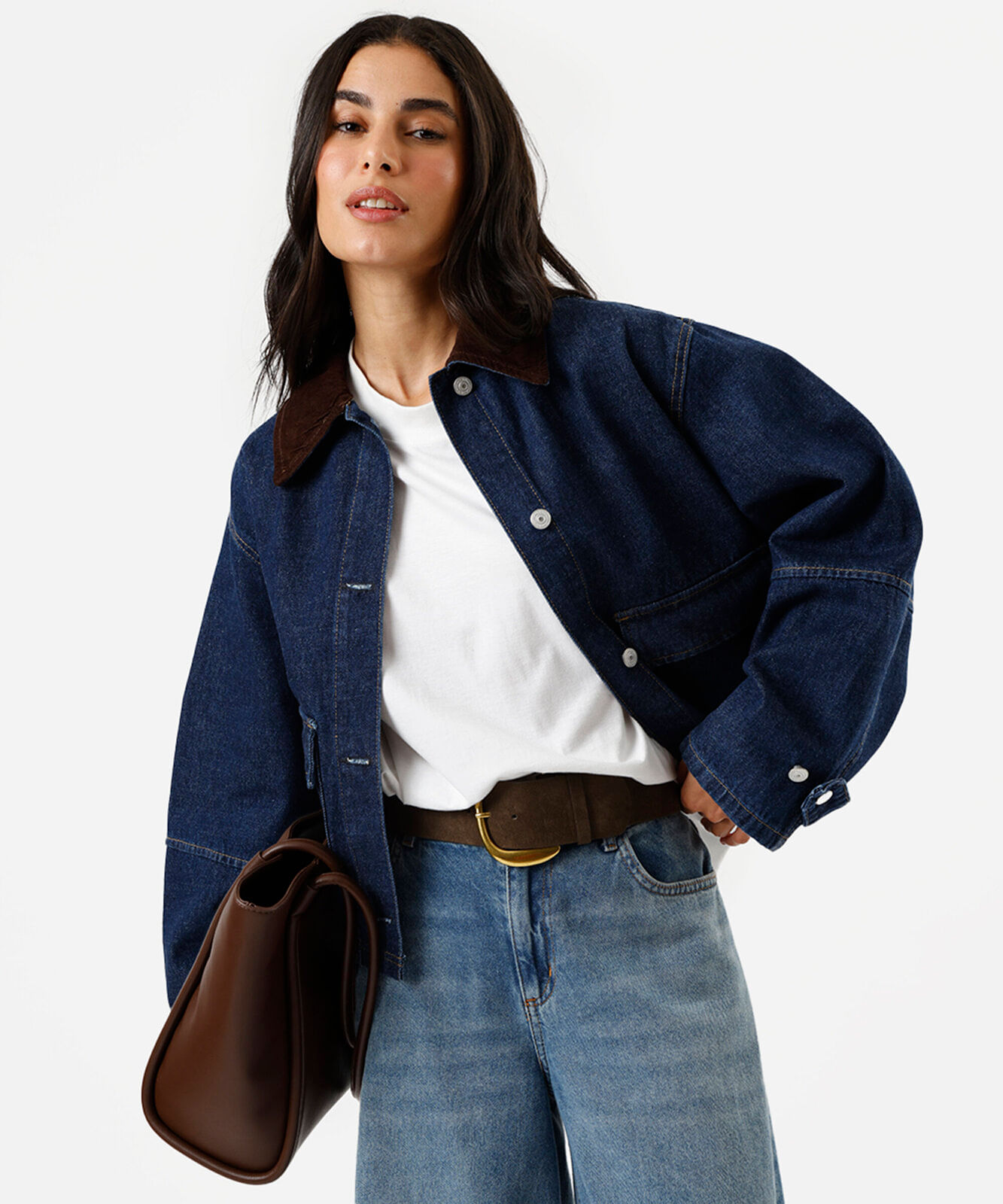 jaqueta feminina jeans com gola de veludo cotelê azul
