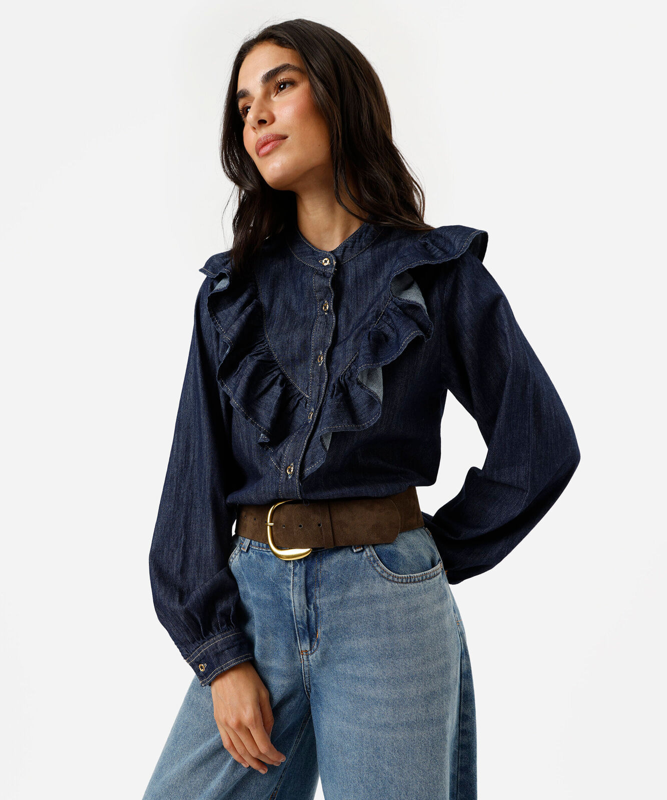 camisa feminina jeans manga longa com babados azul