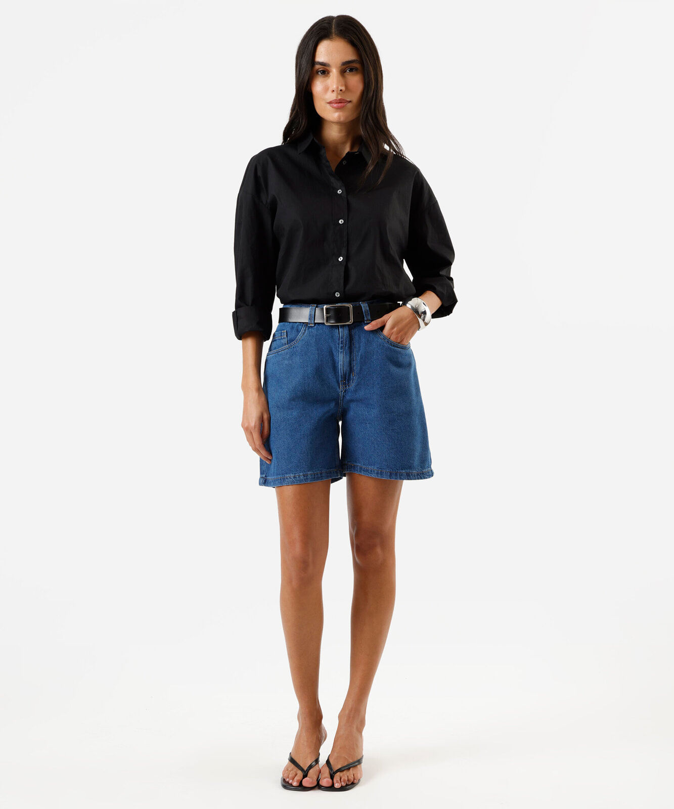 short feminino jeans cintura alta azul