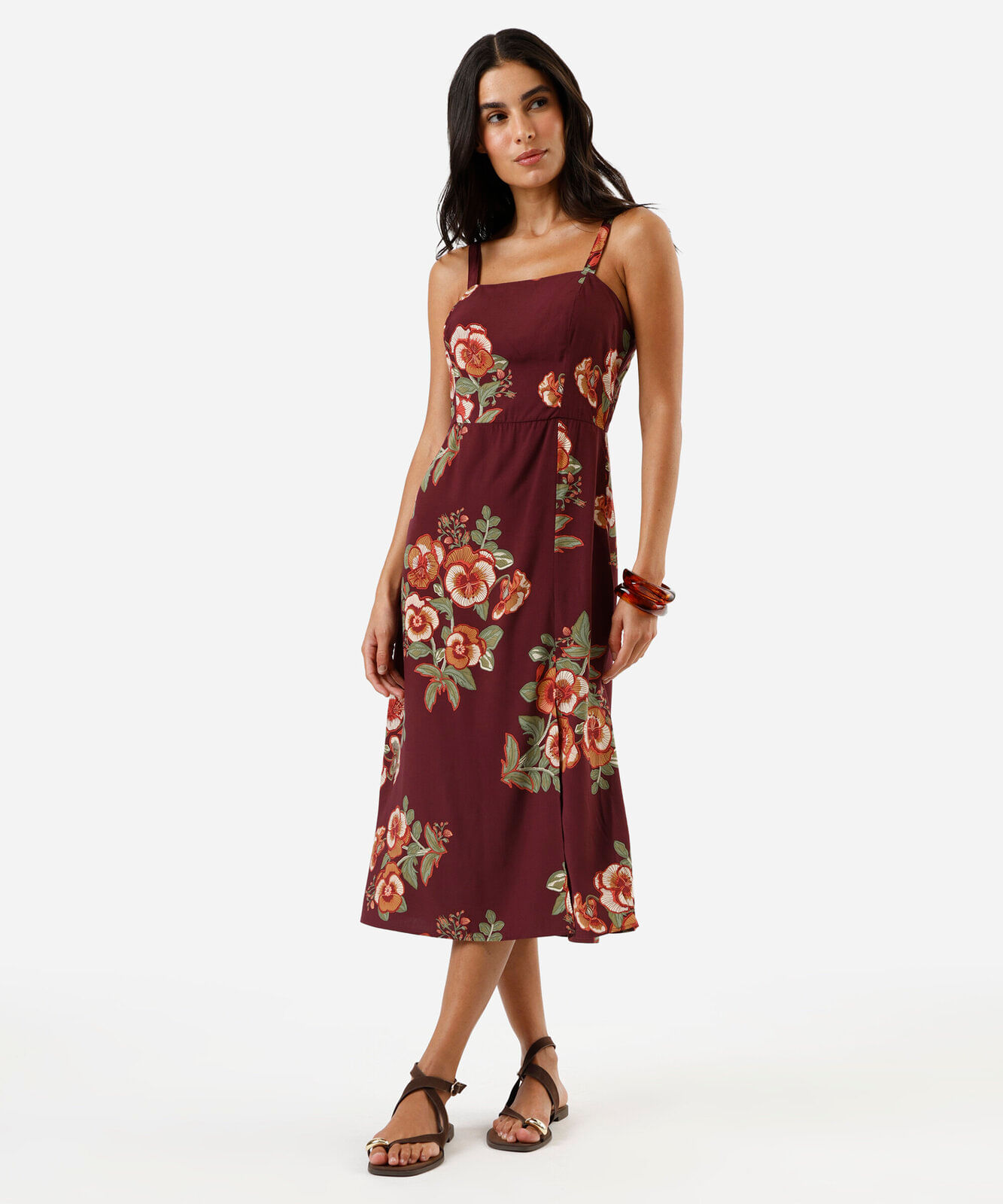 vestido midi feminino de viscose com fenda floral vinho