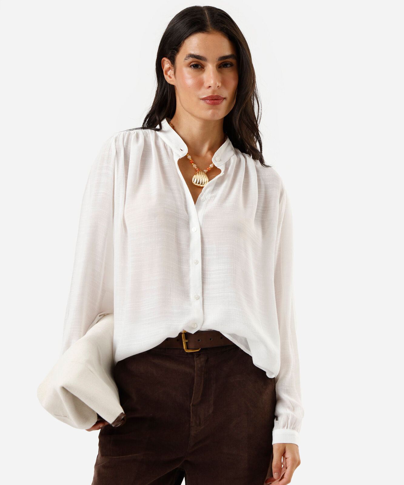 camisa feminina com viscose manga longa off white
