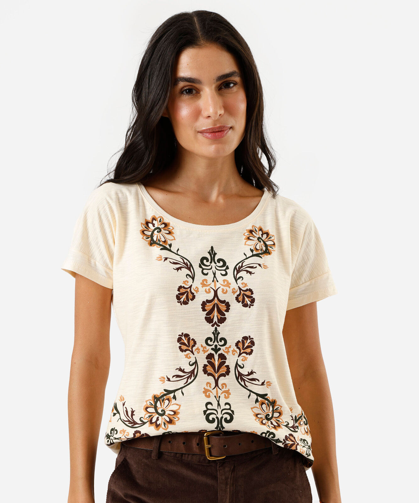 camiseta feminina de algodão manga curta floral off white