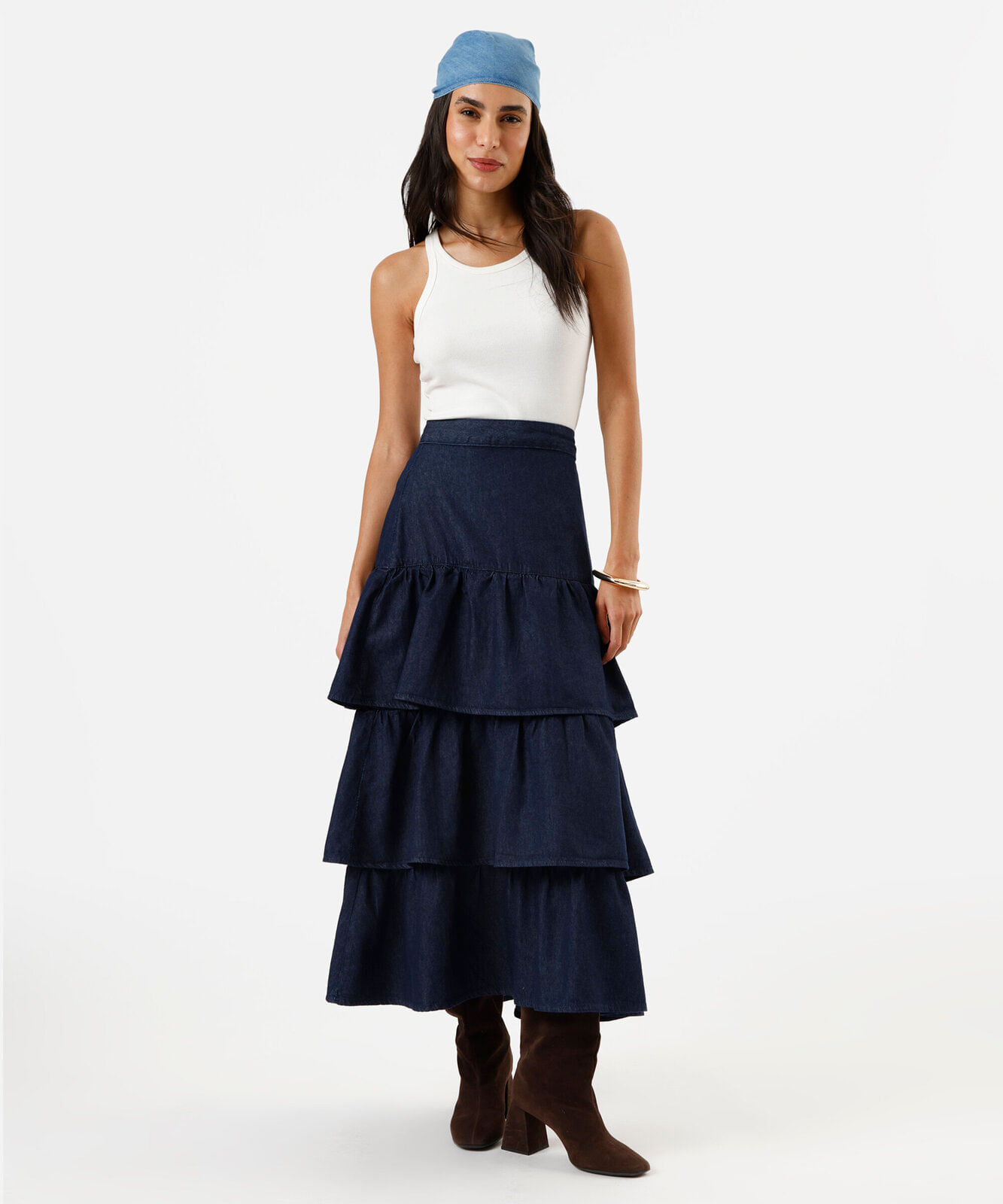saia midi feminina jeans com camadas azul
