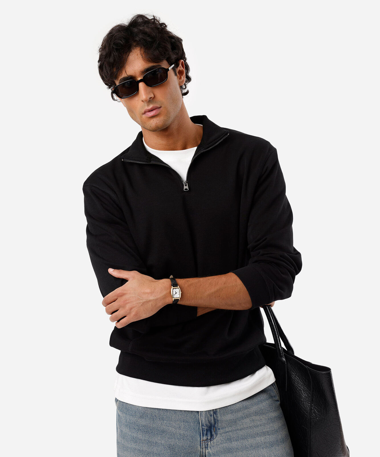 blusão masculino de moletom gola alta com zÃper preto