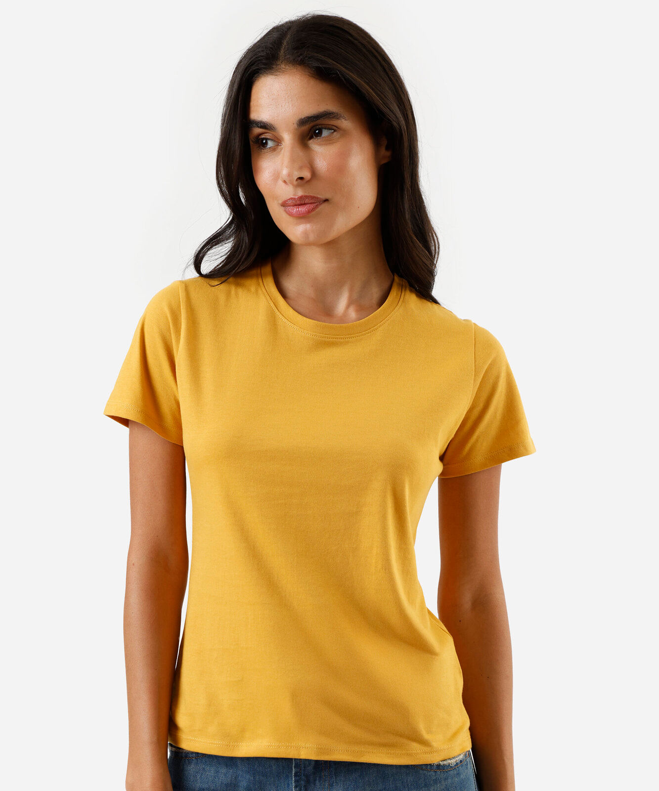 camiseta feminina de algodão peruano manga curta amarela