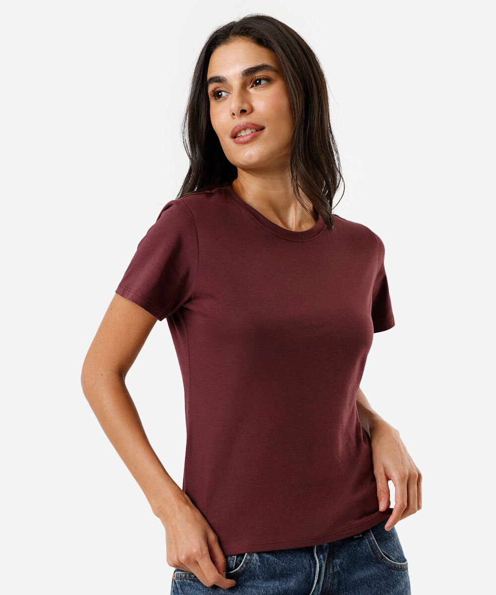 camiseta feminina de algodão peruano manga curta vinho
